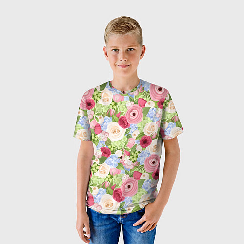 Детская футболка Фон с розами, лютиками и гортензиями / 3D-принт – фото 3