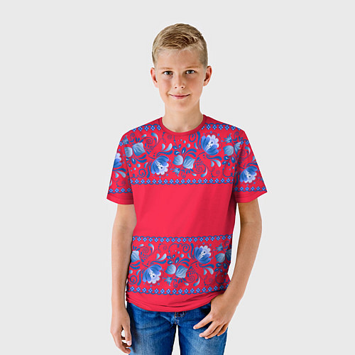 Детская футболка Голубая гжель на красном фоне / 3D-принт – фото 3