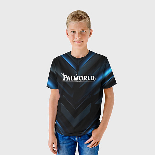 Детская футболка Palworld logo blue neon abstract black / 3D-принт – фото 3