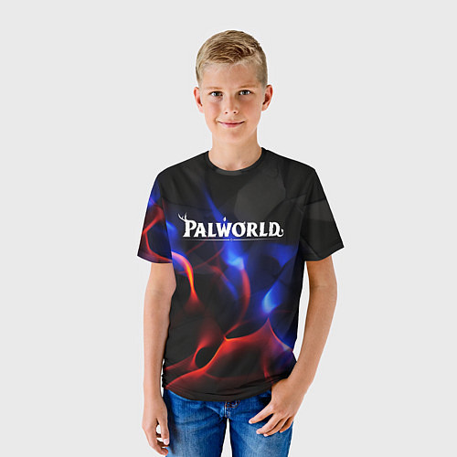 Детская футболка Palworld логотип на черном и фиолетовом абстракте / 3D-принт – фото 3