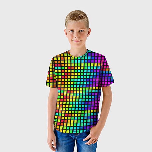 Детская футболка Разноцветные квадраты на чёрном фоне / 3D-принт – фото 3