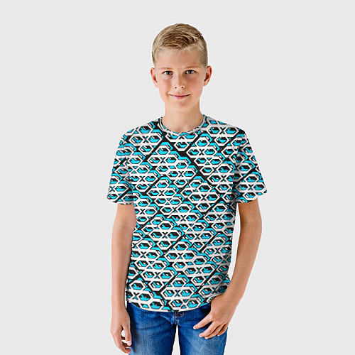 Детская футболка Сине-белый узор на чёрном фоне / 3D-принт – фото 3