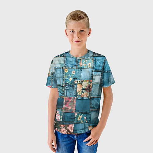 Детская футболка Джинсовые лоскуты с цветочками / 3D-принт – фото 3