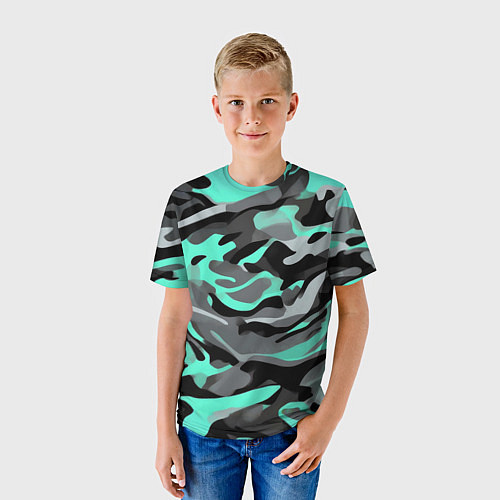Детская футболка Серо-бирюзовый камуфляж / 3D-принт – фото 3
