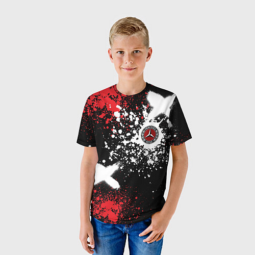 Детская футболка Мерседес на фоне граффити и брызг красок / 3D-принт – фото 3