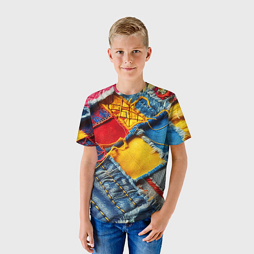 Детская футболка Colorful denim patchwork - ai art / 3D-принт – фото 3