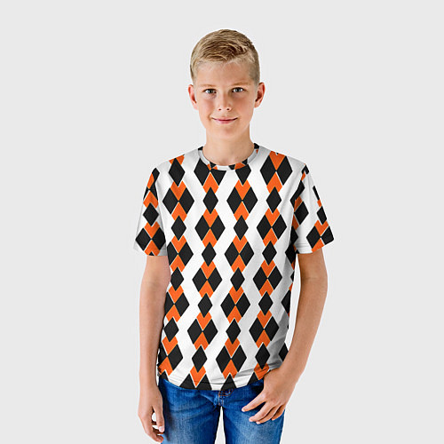 Детская футболка Чёрные и оранжевые ромбы на белом фоне / 3D-принт – фото 3