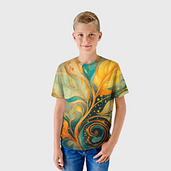 Футболка детская Золотые и бирюзовые листья абстракция, цвет: 3D-принт — фото 2