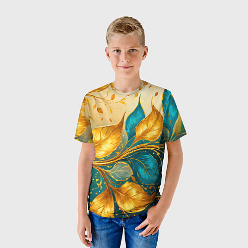Детская футболка Листья абстрактные золото и бирюза / 3D-принт – фото 3