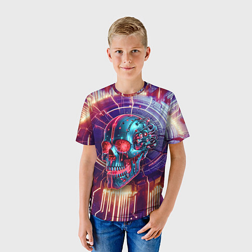 Детская футболка Cyber art skull - steel metal / 3D-принт – фото 3