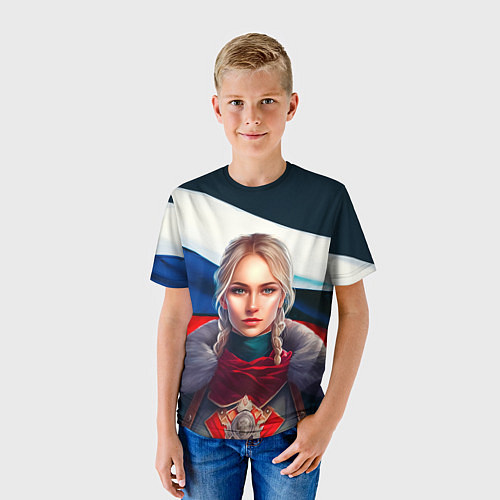 Детская футболка Блондинка с косами - флаг России / 3D-принт – фото 3
