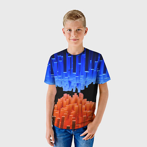 Детская футболка Стягивающиеся в центре синие и оранжевые блоки / 3D-принт – фото 3