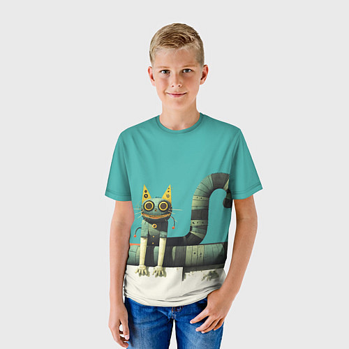 Детская футболка Механический зеленый кот / 3D-принт – фото 3