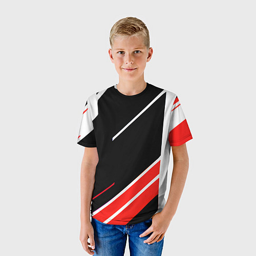 Детская футболка Бело-красные полосы на чёрном фоне / 3D-принт – фото 3