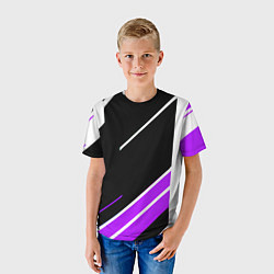 Футболка детская Бело-фиолетовые полосы на чёрном фоне, цвет: 3D-принт — фото 2