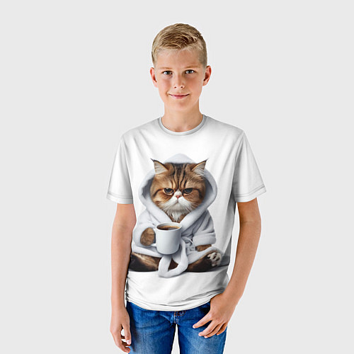 Детская футболка Котик в халате и кофе / 3D-принт – фото 3