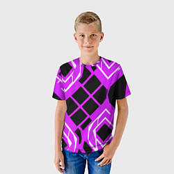 Футболка детская Чёрные квадраты и белые полосы на фиолетовом фоне, цвет: 3D-принт — фото 2