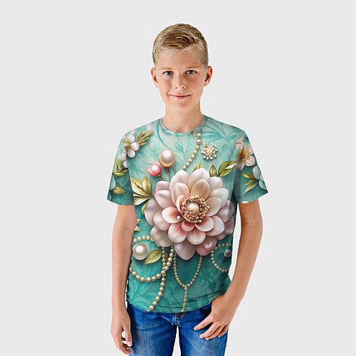 Детская футболка Объемные цветы и жемчуг / 3D-принт – фото 3