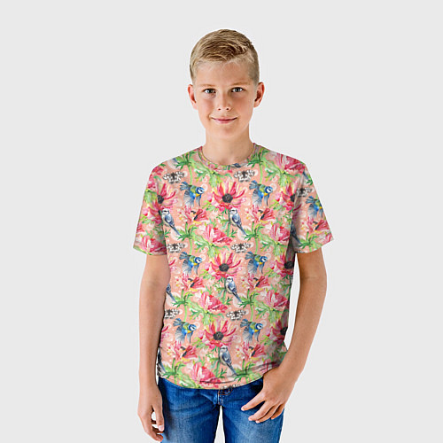 Детская футболка Лазоревки и маки на розовом / 3D-принт – фото 3