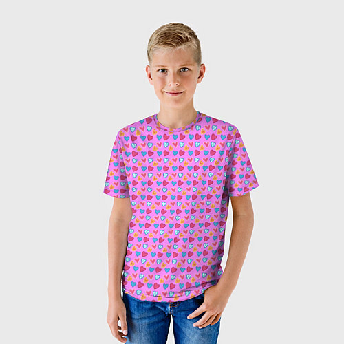 Детская футболка Розовый паттерн с разноцветными сердечками / 3D-принт – фото 3