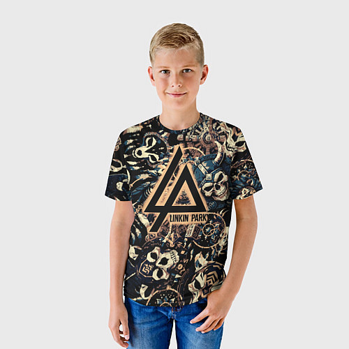 Детская футболка Linkin park на фоне рун масок черепов и молота тор / 3D-принт – фото 3