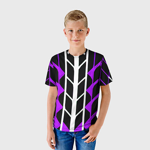 Детская футболка Бело-фиолетовые линии на чёрном фоне / 3D-принт – фото 3