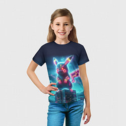 Футболка детская Пикадзила на крыше небоскрёба - неоновое свечение:, цвет: 3D-принт — фото 2