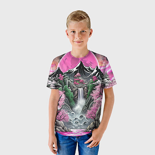 Детская футболка Японские горы и водопад / 3D-принт – фото 3