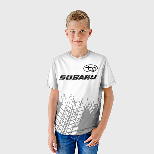 Детская футболка Subaru speed на светлом фоне со следами шин посере / 3D-принт – фото 3