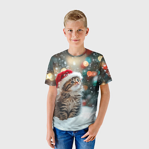 Детская футболка Новогодний котенок и снег / 3D-принт – фото 3