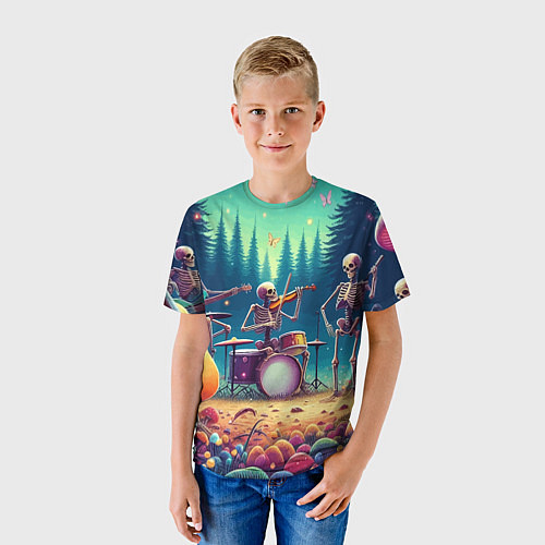 Детская футболка Группа скелетов даёт концерт под грибами / 3D-принт – фото 3