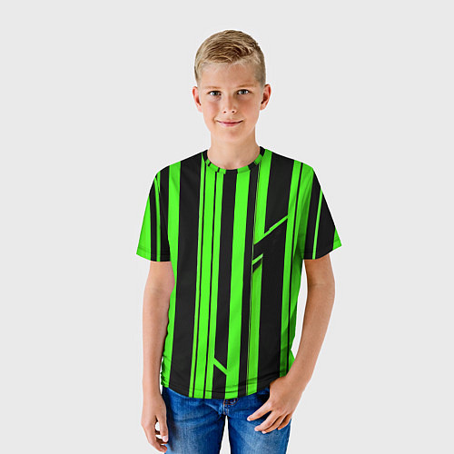 Детская футболка Толстые зелёные полосы на чёрном фоне / 3D-принт – фото 3
