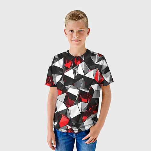 Детская футболка Красно-белые рельефные треугольники на чёрном фоне / 3D-принт – фото 3