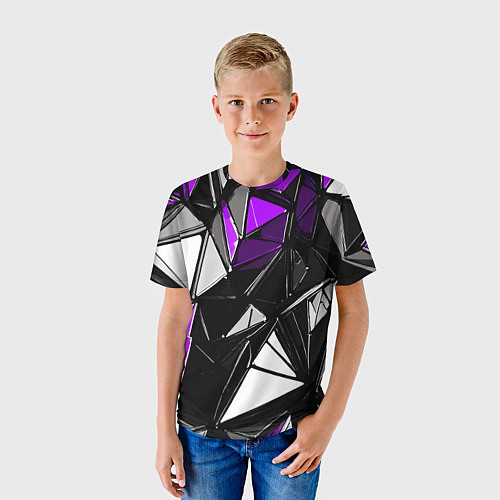 Детская футболка Фиолетово-белые рельефные треугольники на чёрном ф / 3D-принт – фото 3