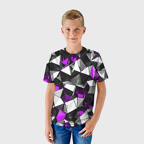 Детская футболка Фиолетово-белые рельефные треугольники на чёрном ф / 3D-принт – фото 3