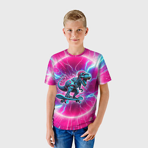 Детская футболка Cyber tyrannosaurus is a cool skateboarder / 3D-принт – фото 3