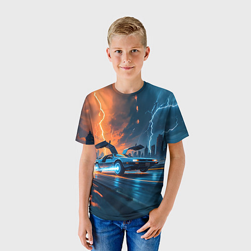 Детская футболка Автомобиль и ночные молнии / 3D-принт – фото 3