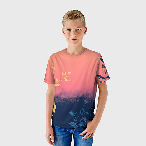Детская футболка Листья на сине-розовом фоне - нейросеть / 3D-принт – фото 3