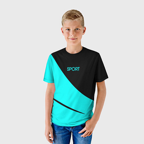 Детская футболка Sport чёрный и неоновый голубой полосы / 3D-принт – фото 3
