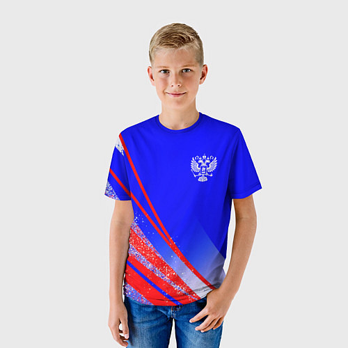 Детская футболка Герб России на фоне цветов флага государства / 3D-принт – фото 3