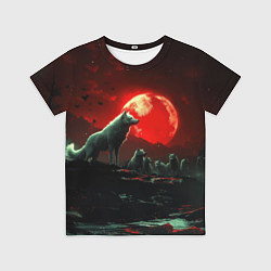 Футболка детская Белый волк на фоне красной луны, цвет: 3D-принт