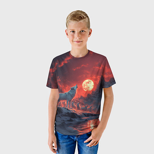 Детская футболка Белый волк воет на луну / 3D-принт – фото 3