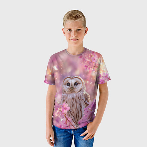 Детская футболка Белая сова и розовые цветы / 3D-принт – фото 3
