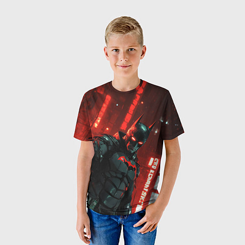 Детская футболка Черный Бэтмен на фоне красного города / 3D-принт – фото 3