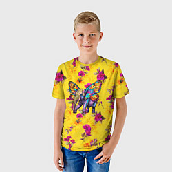 Футболка детская Слон с крыльями бабочки на цветочном фоне, цвет: 3D-принт — фото 2