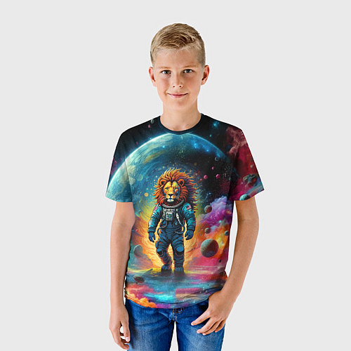 Детская футболка Лев бравый космонавт - неоновый космос / 3D-принт – фото 3