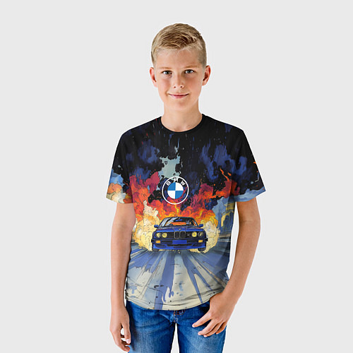 Детская футболка Синяя БМВ за огнем / 3D-принт – фото 3