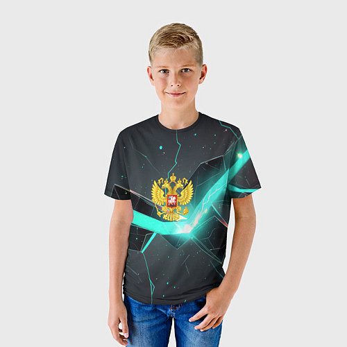 Детская футболка Неоновые плиты и золотой герб РФ / 3D-принт – фото 3