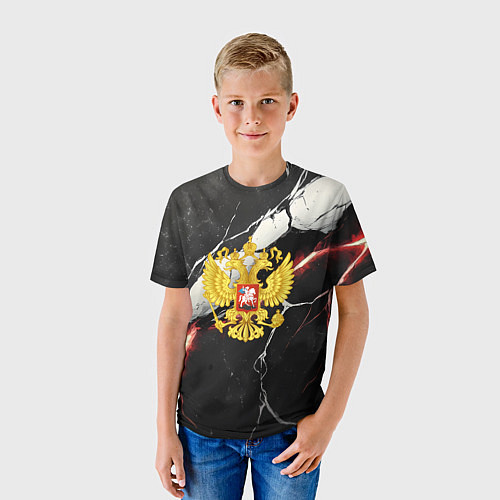 Детская футболка Герб России на объемной черной текстуре / 3D-принт – фото 3