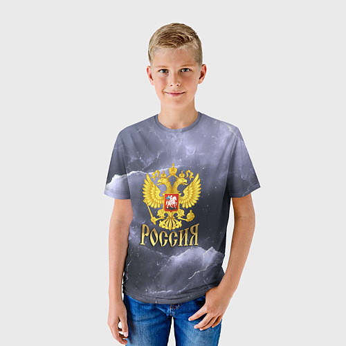 Детская футболка Герб России фиолетовое небо с молниями / 3D-принт – фото 3